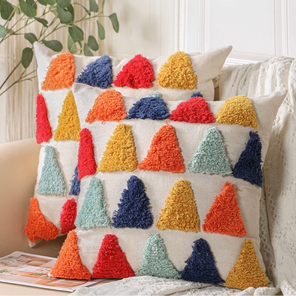 New Anthropologie Boho Abstract Tufted Throw Pillow Case Cover Sham - 18" x 18" - Picture 3 of 5